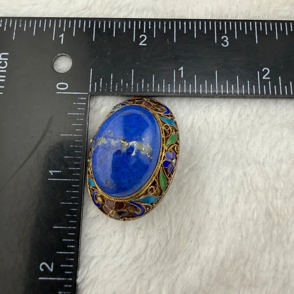 Vintage Chinese Export Enamel Filigree Brooch Blue Sterling Silver 925